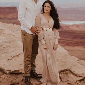 Baltic born engagement shoot maxi dress with gold belt